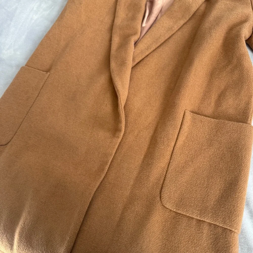 Topshop Women's Camel Brown Longline Open Front Winter Overcoat Jacket Size US 4